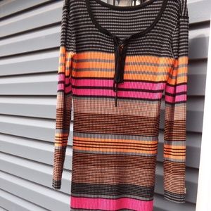 Black, orange, and pink body con dress.